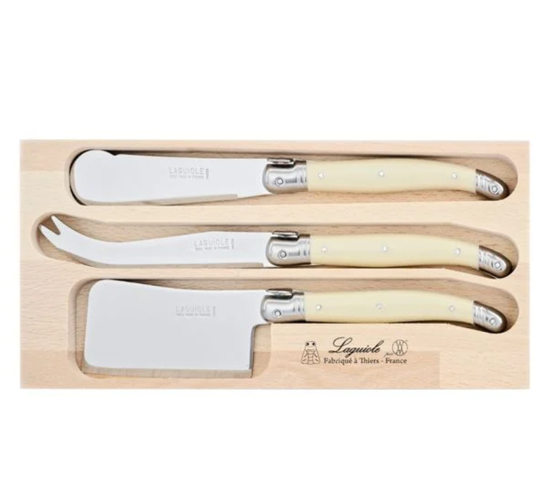 3-pieces ivory handle stainless steel cheese set in wooden cutlery