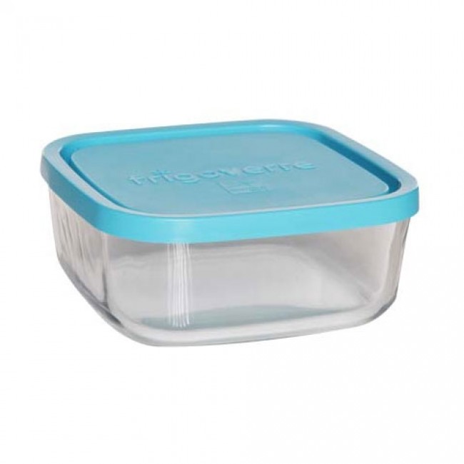 Square glass food container blue plastic lid 6 x 6  / 15 x 15 cm -  Frigoverre - Bormioli Rocco