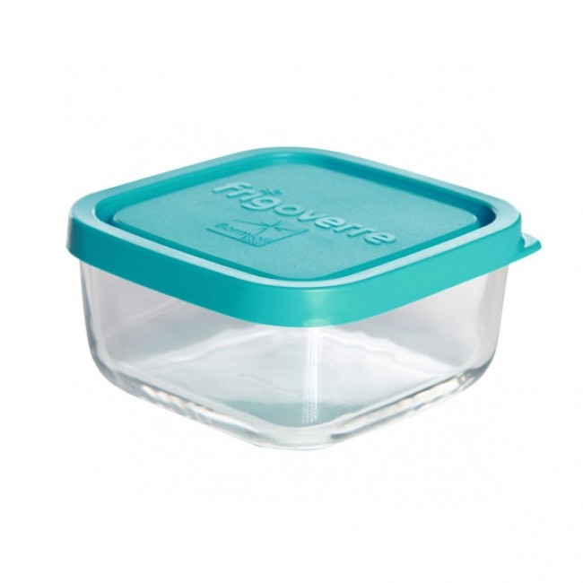 Square glass food container turquoise plastic lid 4 x 4  / 10 x 10 cm -  Frigoverre - Bormioli Rocco